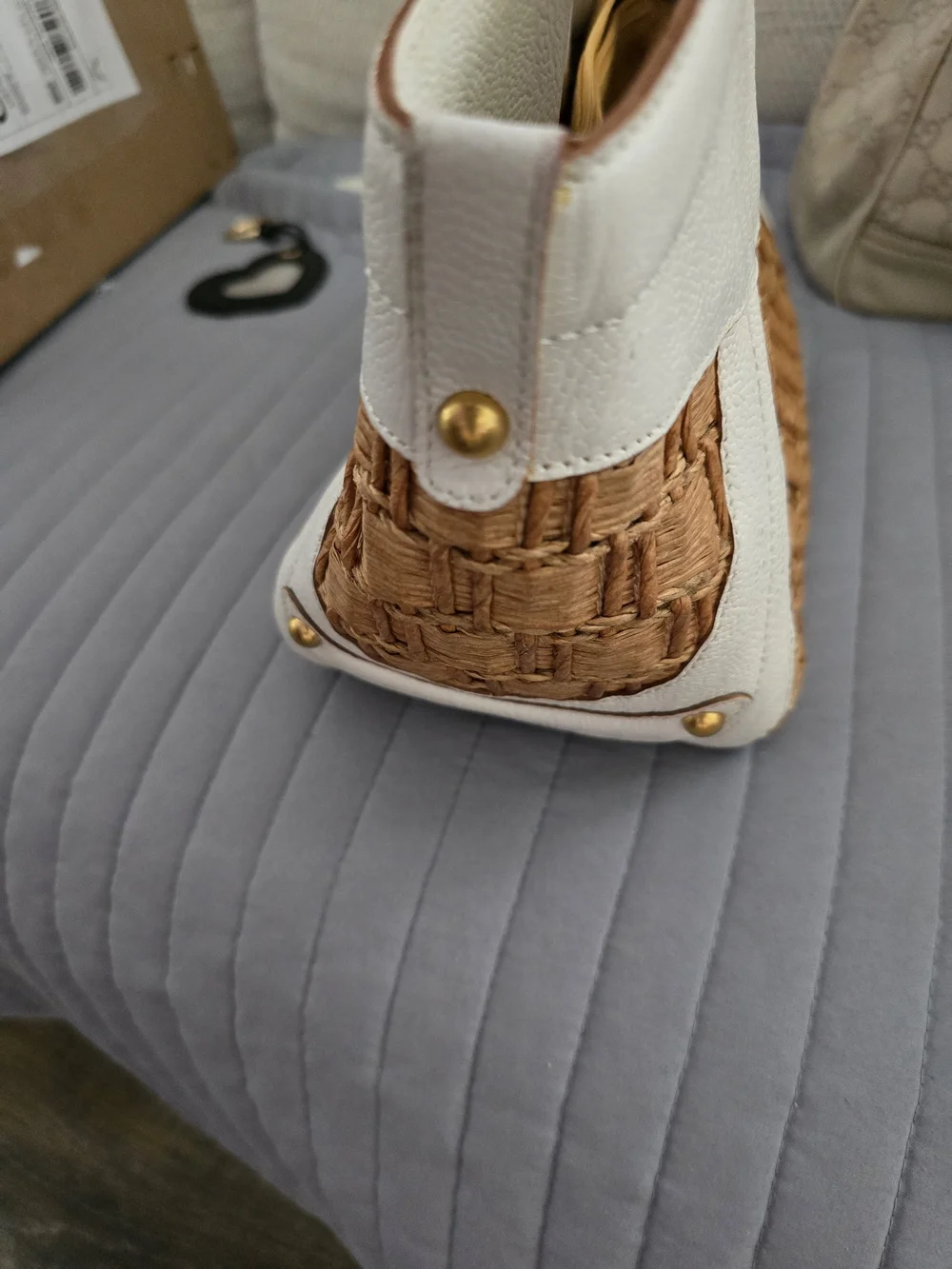 Brahmin White Leather and Natural Woven Tote